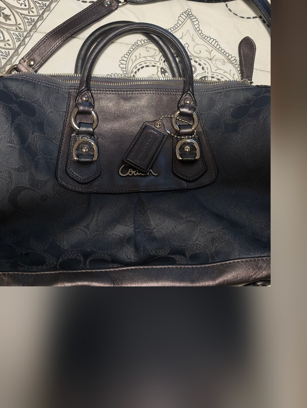 Coach Midnight Navy Signature  Purse with Leather Trim